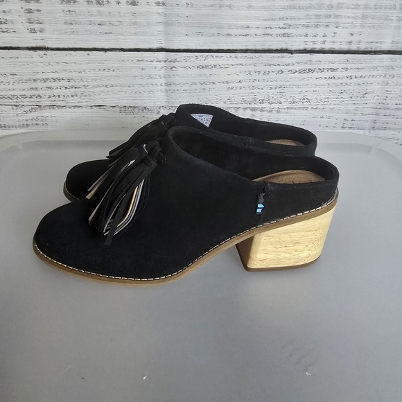 Toms Black Suede Tassel Mules with Wooden Block Heel Woman Size 7 - Picture 3 of 9